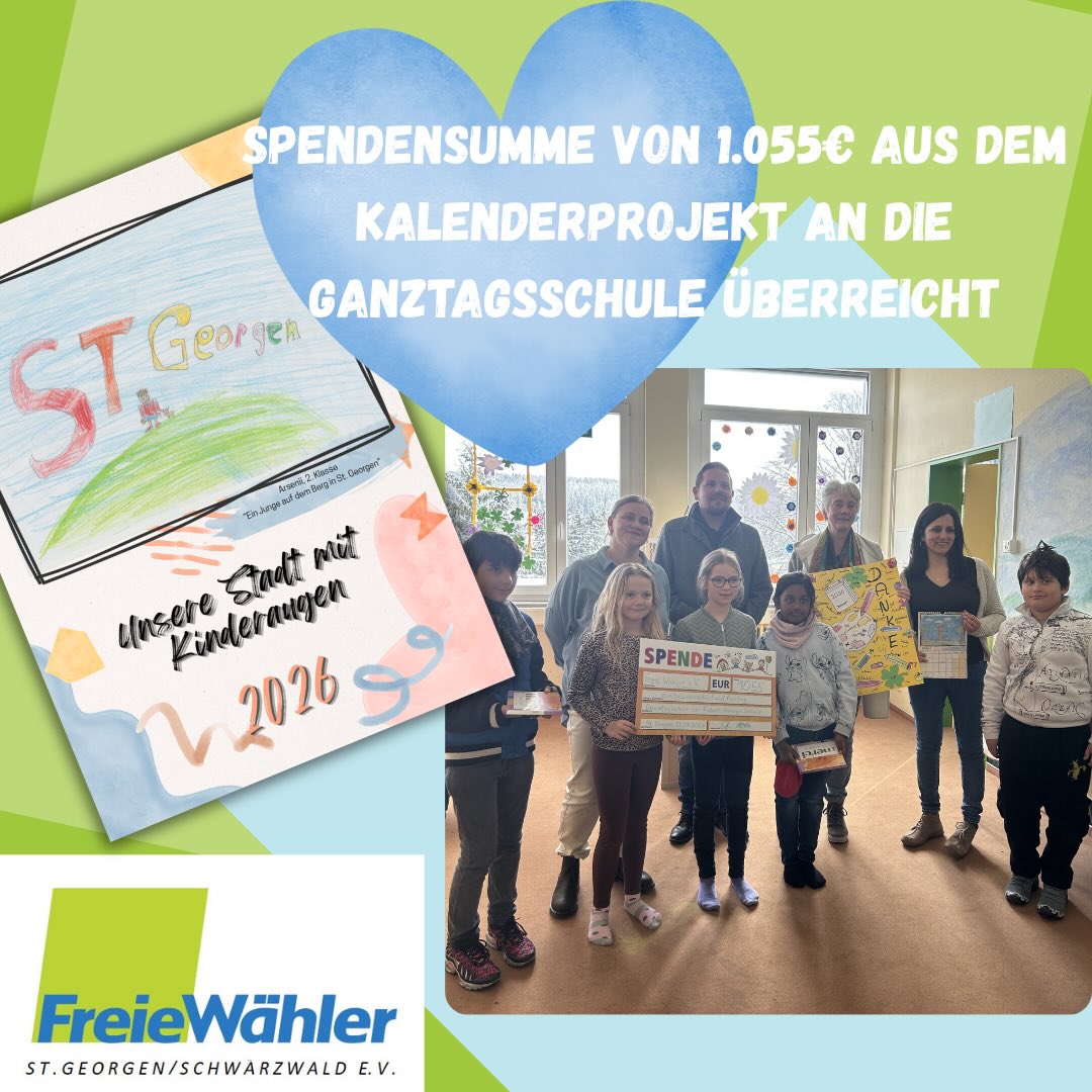 Was macht St. Georgen eigentlich besonders?
Genau das war die Frage bei unserem Malwettbewerb 2025 an der Ganztagsschule – und die Antworten konnten sich sehen lassen: Über 40 kreative Bilder sind entstanden! 🙌

Aus den schönsten Motiven haben wir einen Kalender gemacht.
Und daraus wurde noch mehr:

👉 1.055 € Spendensumme!

Das Geld konnten wir jetzt übergeben – und es ist schon verplant:
Die Ganztagsschule fährt gemeinsam zur Freilichtbühne Hornberg 🎭
Ein richtig tolles Erlebnis, das sonst oft nicht möglich ist.

Ein großes Dankeschön an alle Kinder fürs Mitmachen – und an alle, die den Kalender gekauft oder gespendet haben! 😊

#stgeorgenimschwarzwald #malwettbewerb #spende #ehrenamt #wirfürstgeorgen
